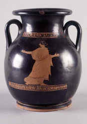 Pintura en jarrón: Representación de Orithye, jugando a la pelota, ella es la hija del rey de Atenas. Es perseguida por Borée representado en el otro lado del jarrón (35250), 440 a.C. BNF, Oficina de Medallas