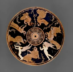 Ática de figuras rojas Pyxis, (detalle) de la tapa decorada con mujeres sosteniendo amuletos de amor y collares, cercano al Pintor Medidias