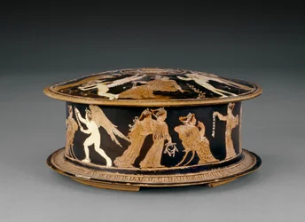 Píxide de figuras rojas del Ática decorada con mujeres y erotes o cupidos, cerca del pintor Meidias, finales del siglo V a.C.