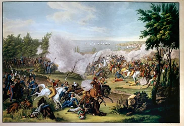 Batalla de Missolonghi, Grecia, en 1822, defendida por Botzaris, quien muere en el conflicto contra los turcos de Omar Brionis (victoria de los griegos)