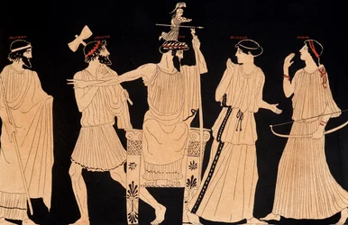 Nacimiento de Atenea saliendo de la cabeza de Júpiter (Zeus), pintura encontrada en Vulci, ed. siglo XX
