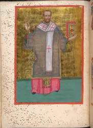 Egerton 2392, f.5v, miniatura de Juan Crisóstomo de pie sosteniendo un libro, del Leitourgikon, que incluye oficios de ordenación y oraciones