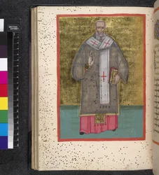 Egerton 2392, fol. 47v, Santo, de «Leitourgikon, que incluye ceremonias de ordenación y oraciones»