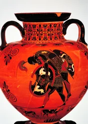Civilización griega, siglo VI a.C. Cerámica de figuras negras. Ánfora que representa a Áyax llevando el cuerpo de Aquiles.