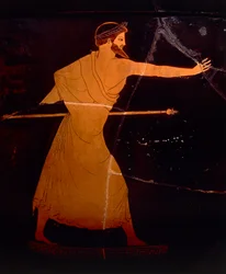Civilización griega, cerámica de figuras rojas. Crátera ática que representa a Zeus, atribuida al Pintor de Berlín. Detalle.