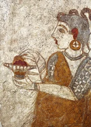 Civilización griega, fresco que representa a una sacerdotisa quemando incienso, procedente de Akrotiri, isla de Thera, Santorini, Grecia.
