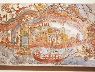 Civilización griega, fresco que representa una procesión de barcos, de Akrotiri, isla de Thera, Santorini, Grecia.