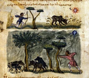 Caza de jabalíes según el manuscrito griego de Oppianus De Venatione siglo XIII