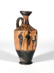 Lekythos, Guerreros armándose para la batalla, 510-500 a.C.