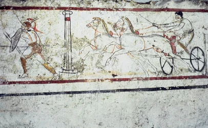 Pintura de tumba lucana que representa a un gladiador y un hombre en un carro, Paestum 350-330 a.C.