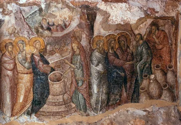Bodas de Caná, pintura mural del nártex, iglesia Afendiko, Monasterio Brontochion