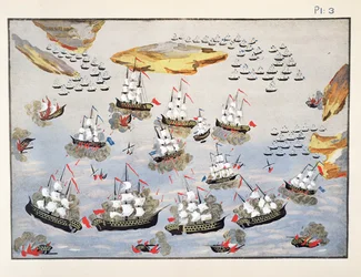 Resumen de Batallas Navales durante la Guerra, placa 3 de Historia Pictórica de la Guerra de Independencia Griega por el General Makryjannis