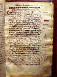 Página de texto con figuras geométricas, de Geometría por Euclides (siglo III a.C.)