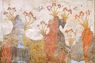 Sala de los lirios o de la primavera, fresco de Akrotiri, Thera (hoy Santorini), Grecia, Civilización minoica