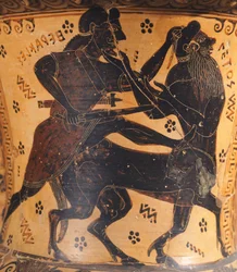 Ánfora, atribuida al pintor de Nettos, cerámica de figuras negras, Detalle mostrando a Hércules y al centauro, Civilización griega, Siglo VII a.C.