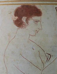 Lekythos ático con escena funeraria de un guerrero sentado ante su tumba, 420-410 a.C., atribuido al pintor Parrasio de Éfeso, cerámica de fondo blanco de Atenas, Grecia. Detalle. Civilización griega, siglo V a.C.