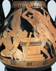 Pelike ático que representa a Heracles matando al rey Busiris y a sacerdotes egipcios, obra del pintor Pan, cerámica de figuras rojas
