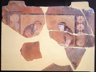 Hija de Pandión, rey de Atenas, aprox. 630 a.C. metopa de terracota pintada del templo de Apolo en Termos, Grecia, civilización griega, siglo VII a.C.