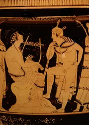 Orfeo entre los tracios, Columna Krater ática de figura roja, c. 440 a.C. (cerámica)(