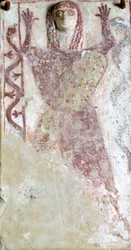 Pintura policroma sobre pinax y relieve que representa a una deidad femenina con serpiente procedentes del Ágora de Atenas, Grecia, Civilización griega, siglo VII a.C.