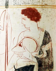 Cerámica de fondo blanco, lekythos ático que representa una escena funeraria con un guerrero ante la tumba, detalle