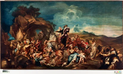 Moisés golpeando la roca para sacar agua. Pintura de Gregorio De Ferrari, Génova, Musei di Strada Nuova
