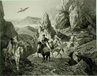Caza de Halcones cerca de Ereván, Armenia, lámina 20 de un libro sobre el Cáucaso, grabado por Eugene Ciceri y Adolphe Jean-Baptiste Bayot, publicado por Alfred Leon Lemercier, París