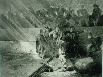 Elaboración de vino en Kahetie, Georgia, lámina 31 de un libro sobre el Cáucaso, grabado por Adolphe Mouilleron (1820-81) publicado por Alfred Leon Lemercier, París