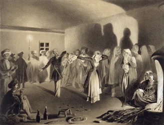 Fiesta de baile en Kagha-Choura, Daguestán, lámina 55 de un libro sobre el Cáucaso, grabado por Celestin Francois Nanteuil (1813-73) publicado por Alfred Leon Lemercier, París, 1847
