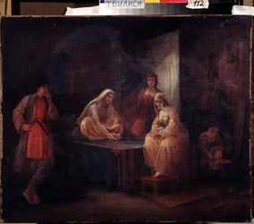 En la habitación. Escena orientalista con bailarines de Shamakha en Azerbaiyán reunidos en un harén. Pintura de Grigori Grigorievich Gagarin (1810-1893), óleo sobre lienzo, arte ruso del siglo XIX. Museo Estatal de Arte de Georgia, Tbilisi (Georg