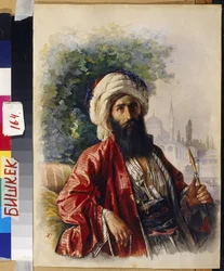 Emir. Retrato de un líder religioso musulmán, fumando un narguile, frente a una mezquita, durante el período de guerra de guerrillas y resistencia al Imperio Ruso en el Cáucaso del Norte a mediados del siglo XIX. Obra de Grigori Grigorievich Gagarin (Gagar