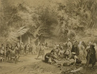 Fin de la Caza, Mingrelia, placa 6 de un libro sobre el Cáucaso, grabado por Adolphe Mouilleron, publicado por Alfred Leon Lemercier, París, 1847
