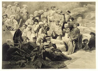 Comida militar en las ruinas de Sioukh, Daguestán, lámina 69 de un libro sobre el Cáucaso, grabado por Celestin Francois Nanteuil, publicado por Alfred Leon Lemercier, París, 1847