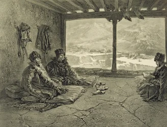 Conferencia de Sharia en Khosrakh, Daguestán, lámina 50 de un libro sobre el Cáucaso, grabado por Adolphe Mouilleron, publicado por Alfred Leon Lemercier, París, 1847