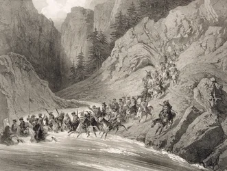 Circasianos en una incursión cerca del mar Negro, lámina 4, de un libro sobre el Cáucaso, grabado por Eugene Ciceri (1813-90) y Adolphe Jean-Baptiste Bayot (1810-66), publicado por Alfred Leon Lemercier, P