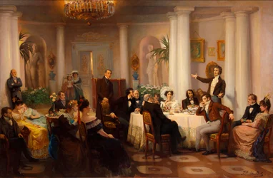 Pushkin y sus amigos escuchan a Adam Mickiewicz en el salón de la Princesa Zinaida Volkonskaya, 1899