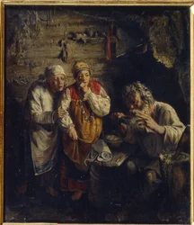 El médico brujo. En una pobre cabaña rural, dos mujeres descalzas y vestidas con trajes folclóricos observan con ansiedad a un anciano que toma un remedio de hierbas, junto a él un mortero para preparar las mezclas medicinales.