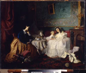 La otra suerte. Escena de la vida familiar, descripción de la relación y el amor materno. Pintura de Grigory (Grigoriy, Grigory) Grigoryevich Myasoyedov (Myasoedov, Miasoedov) (1834-1911), óleo sobre lienzo