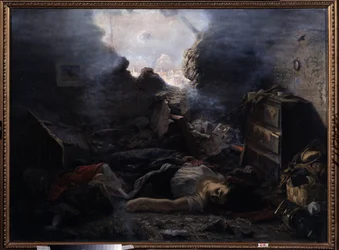 El sitio de Sebastopol (Ucrania). Descripción de las atrocidades de la Guerra de Crimea (1853-1856), durante el asedio de Sebastopol en 1854. Los cuerpos de una mujer y su bebé yacen en el suelo de su casa con la pared arrancada