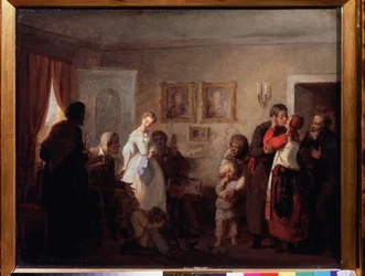 Felicitaciones a la pareja recién casada en una casa solariega. Pintura de Grigori (Grigoriy, Grigory) Grigoryevich Myasoyedov (Myasoedov, Miasoedov) (1834-1911), óleo sobre lienzo