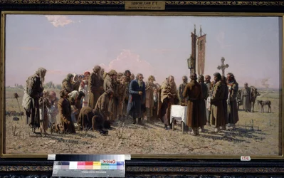 Campesinos rusos y un sacerdote ortodoxo rezando durante la sequía. Pintura de Grigori (Grigoriy, Grigory) Grigoryevich Myasoyedov (Myasoedov, Miasoedov) (1834-1911)