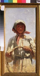 Un Reaper. Retrato de una joven campesina con traje tradicional, en un campo de trigo en pleno verano para la cosecha. Pintura de Grigory (Grigoriy, Grigory) Grigoryevich Myasoyedov (Myasoedov, Miasoedov) (1834-1911), óleo sobre lienzo. Arte ru