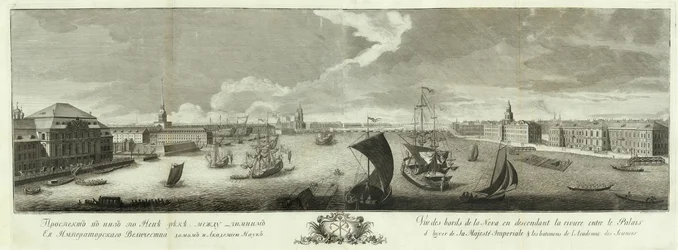 Vista del Neva río abajo entre el Palacio de Invierno y la Academia de Ciencias Libro para el 50 aniversario de San Petersburgo, 1753