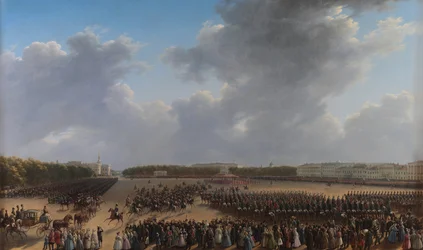 Desfile para celebrar el fin de la acción militar en el Reino de Polonia en el prado Tsaritsa de San Petersburgo el 6 de octubre de 1831