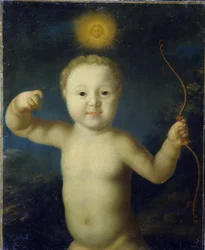 Retrato del zarevich Alexis Petrovich de Rusia (1690-1718). (Retrato del Zarevich Alexei Petrovich de Rusia). Representa al bebé en Eros, desnudo sosteniendo su arco y coronado por un sol en medio de la noche. Pintura de Grigori Dmitrievich Molchanov (circ