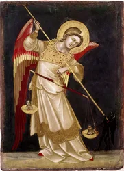 Ángel pesando un alma en una balanza