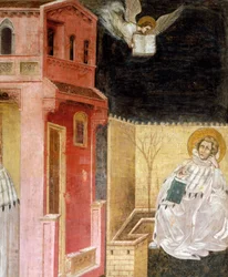 Aparición del ángel, (detalle) de la Visión de San Agustín, escena de Historias de San Felipe y San Agustín, por Guariento, fresco, Iglesia de los Eremitani, Padua, Véneto, Italia