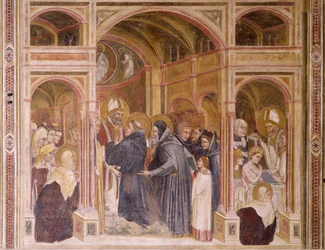Vestimentas y bautismo de Agustín, escena de Historias de San Felipe y San Agustín, por Guariento (activo desde 1338, fallecido ca 1367), fresco, Iglesia de los Eremitani (Ermitas), Padua, Véneto, Italia