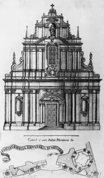 Fachada y planta de la iglesia de la Anunciación de Mesina, grabado de Guarino Guarini (1624-1683), Italia.