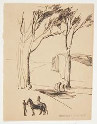 Paisaje Ideal. En primer plano, hombre con dos caballos